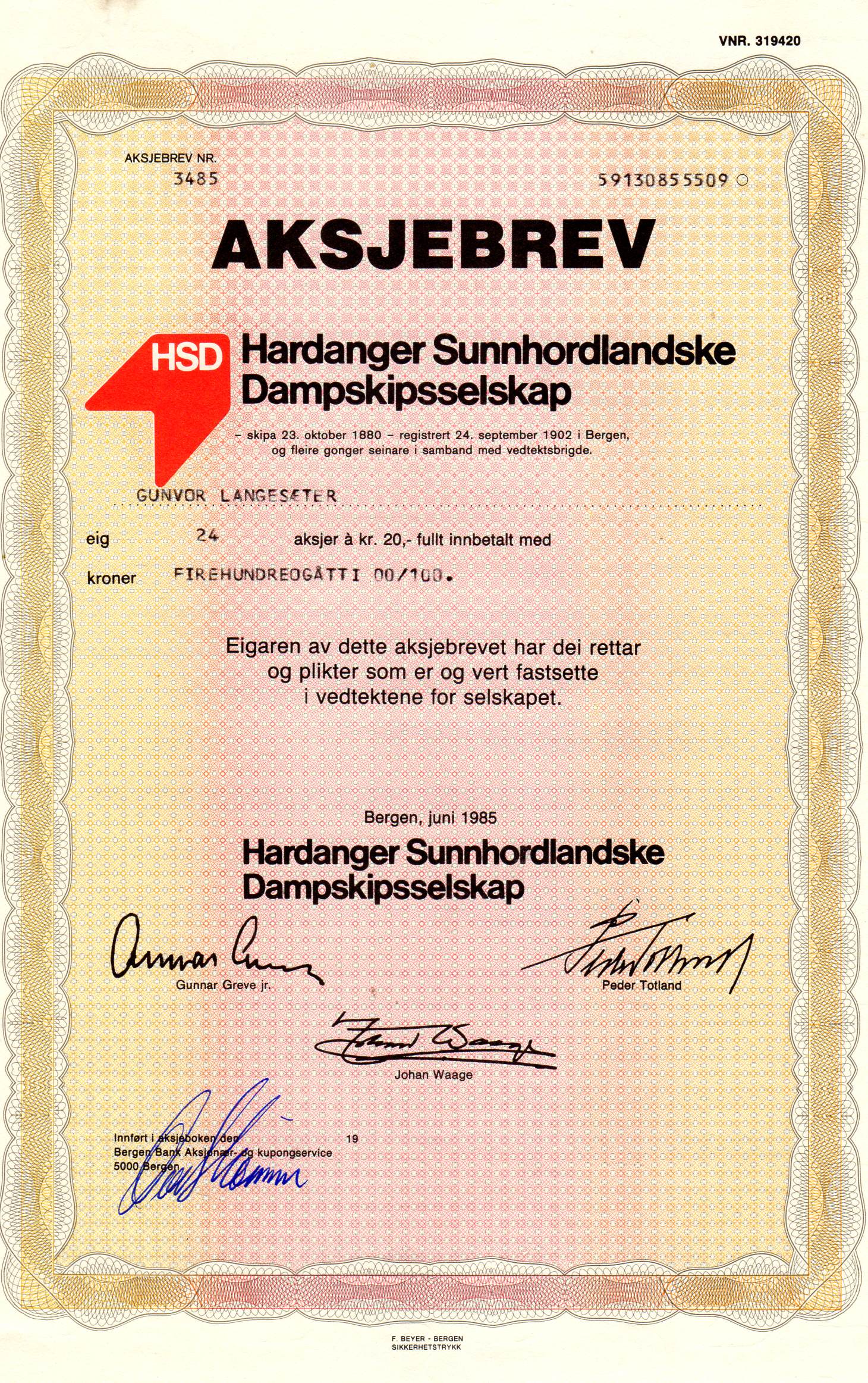 Hardanger Sunnhordlandske  Bergen 1985 kr 20 nr 3485/669/3379 pris pr stk