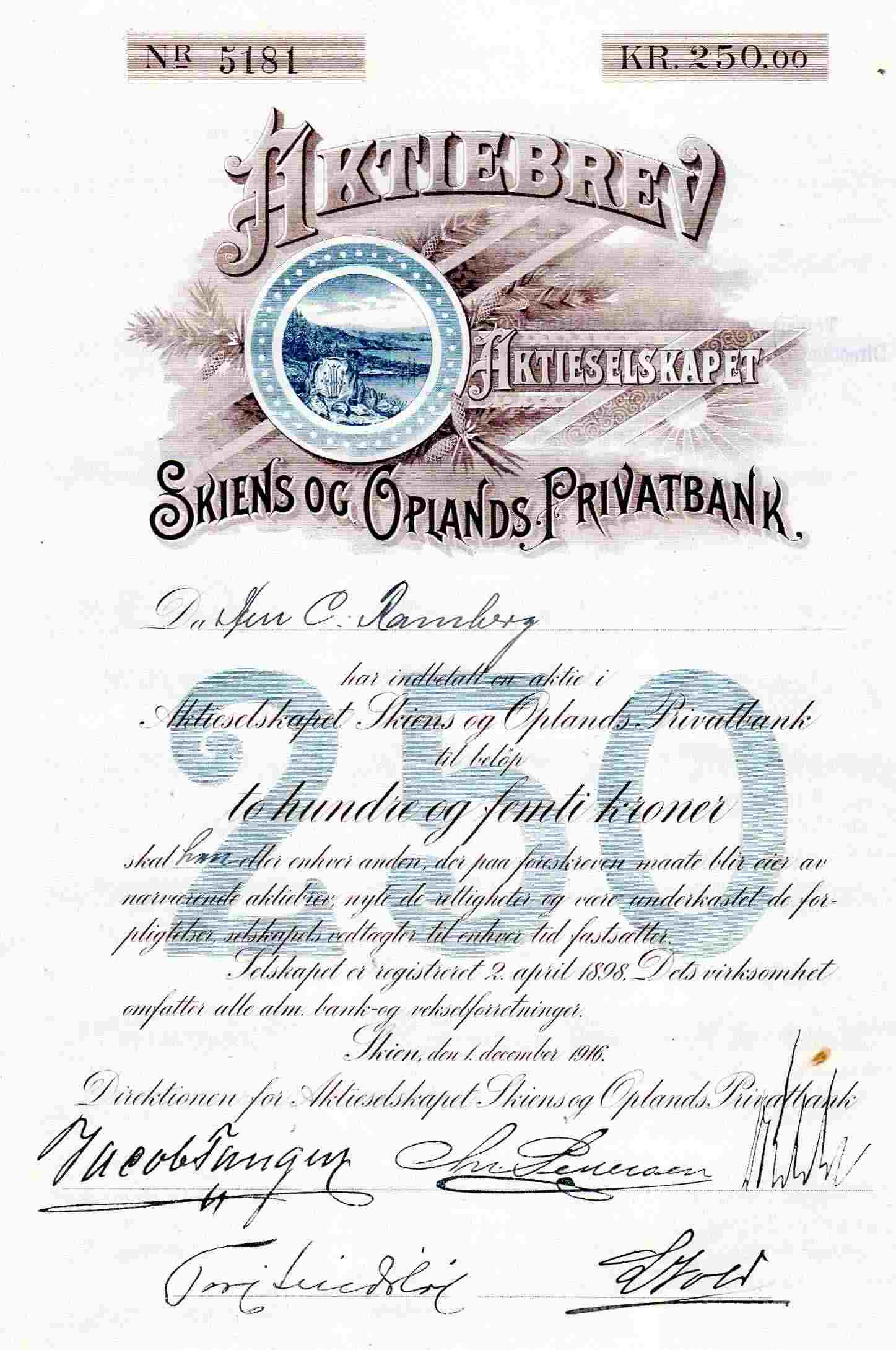 Aktiebrev Skien og Oplands privatbank kr 250 nr 5181 Skien 1916