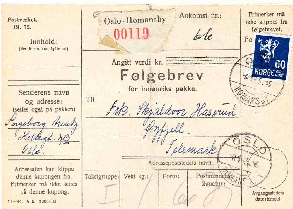 Følgebrev st Oslo-Øyfjell 1945