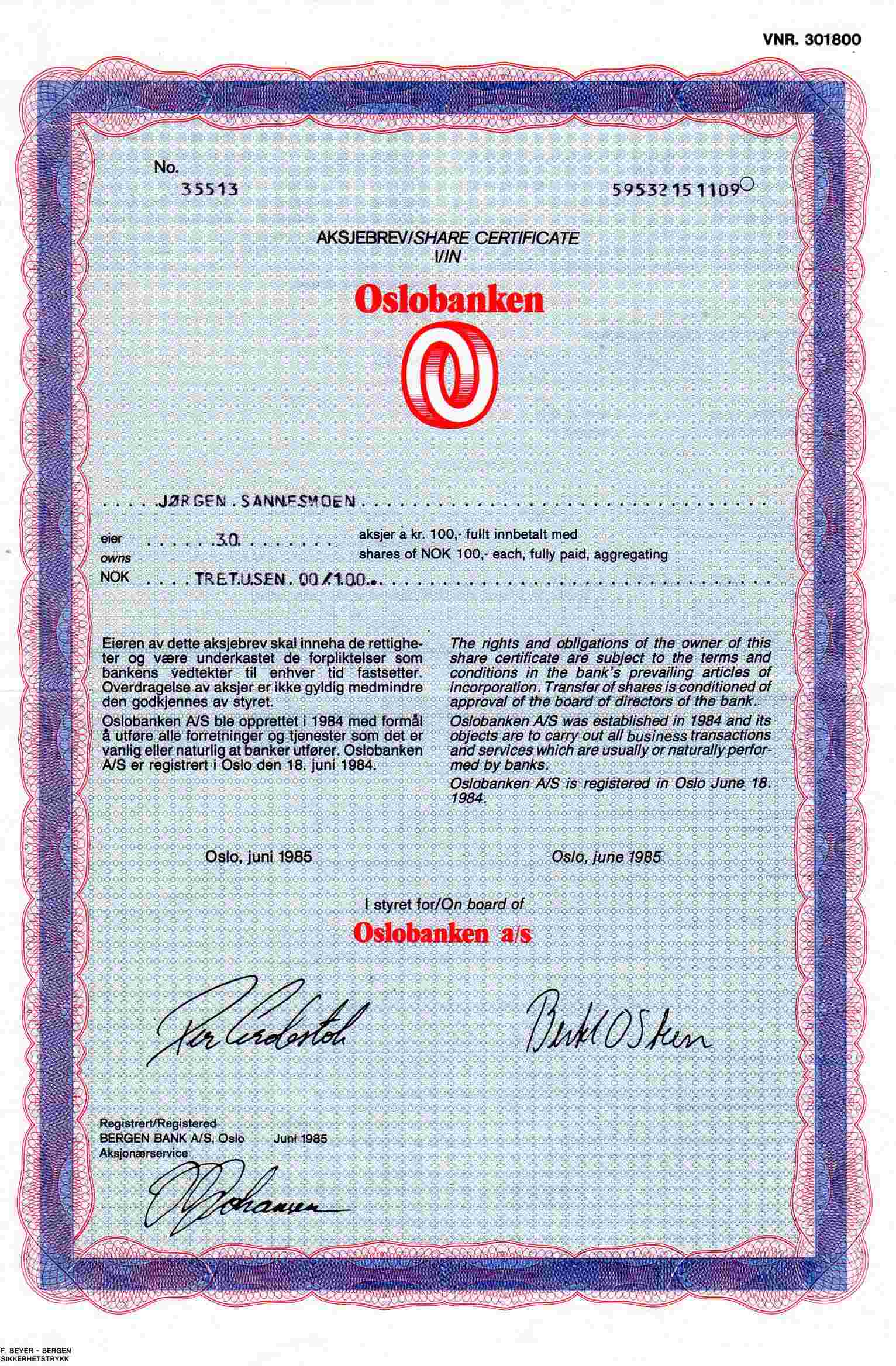 Oslobanken  kr 100 Oslo 1985 pris pr stk